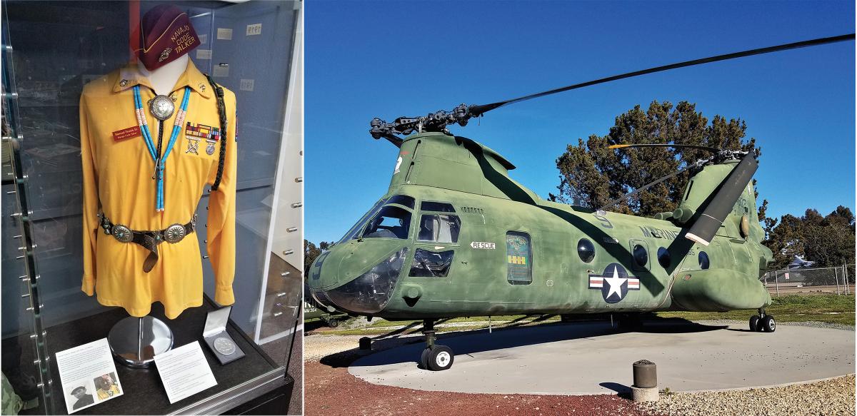 One of the museum’s exhibits displays a uniform worn by Navajo Code Talkers, who trained at Camp Elliott, today’s East Miramar.  The Lady Ace 09 helicopter that evacuated the U.S. ambassador from the Saigon embassy in 1975 also is on display.