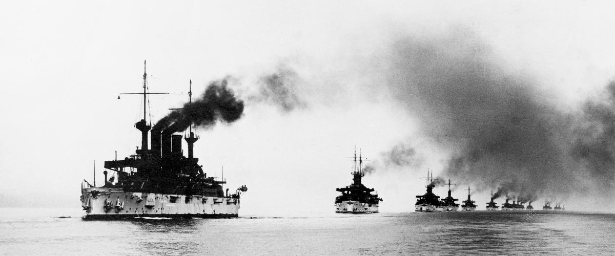 Battleships of the Great White Fleet entering Puget Sound, Washington, in 1908. 