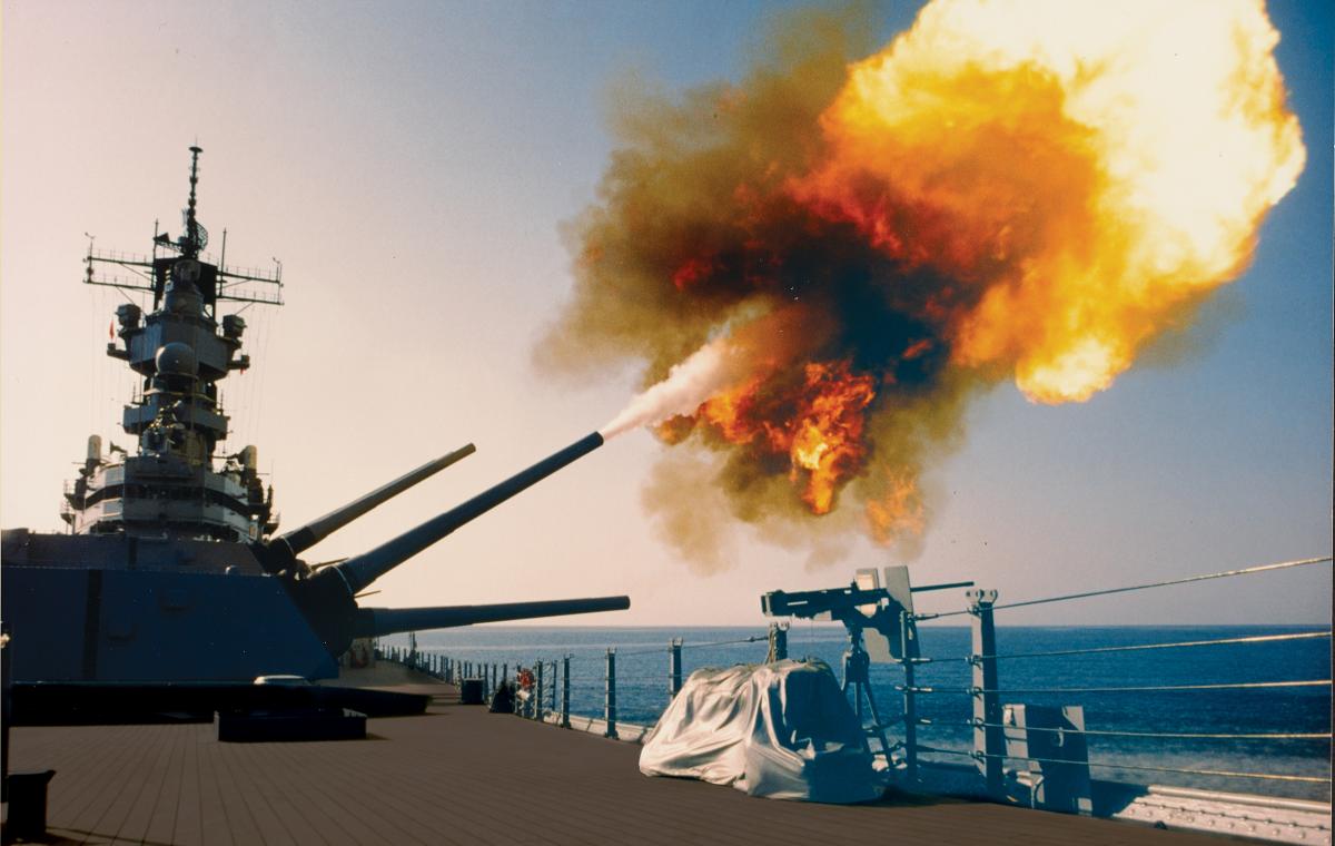 Targeting Iraqi assets in Kuwait, the USS Wisconsin (BB-64) fires a round from one of her Mark 7 16-inch/50-caliber guns in turret no. 1, adding her firepower to a war that necessitated a shift from “widely accepted doctrines and methods of operation.”