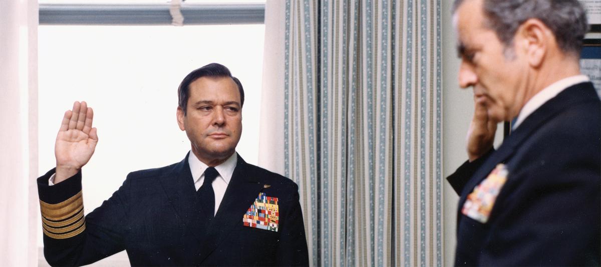Chief of Naval Operations Admiral Elmo Zumwalt swears in James Holloway as his Vice Chief of Naval Operations (VCNO), August 1973. As VCNO, Holloway was supportive of Zumwalt’s vision for the Navy, but when he became CNO in 1974, he blazed his own trail.