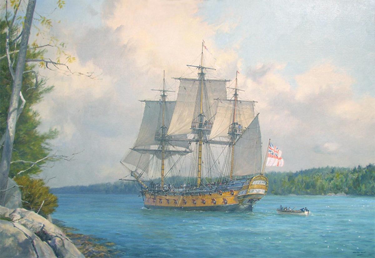 Geoffrey Hunt, Trouble Heading for Wiscasset: H.M.S. Rainbow in the Sheepscot River, Maine, 10th September 1777 (Private Collection)