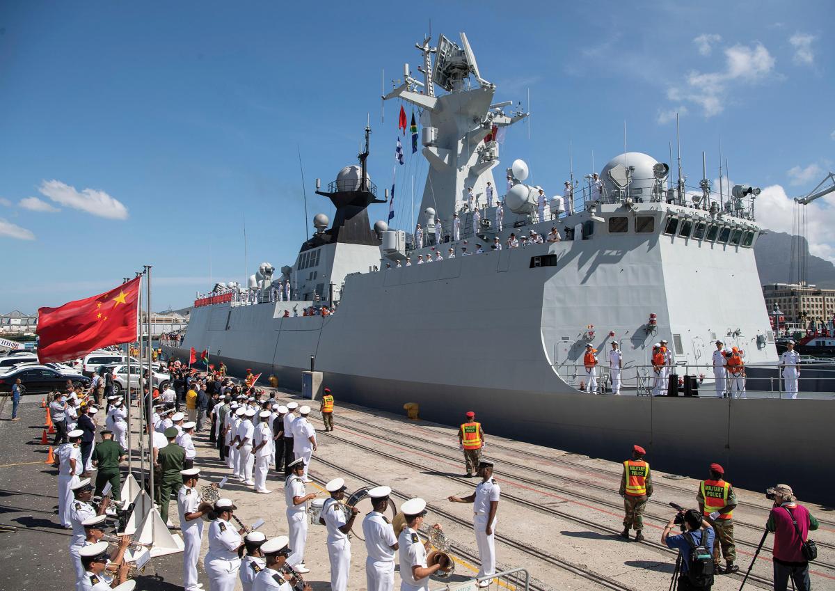 The Chinese frigate Weifang is welcomed in Cape Town, South Africa, prior to the 2019 Multinational Maritime Exercise with the Russian and South African navies.