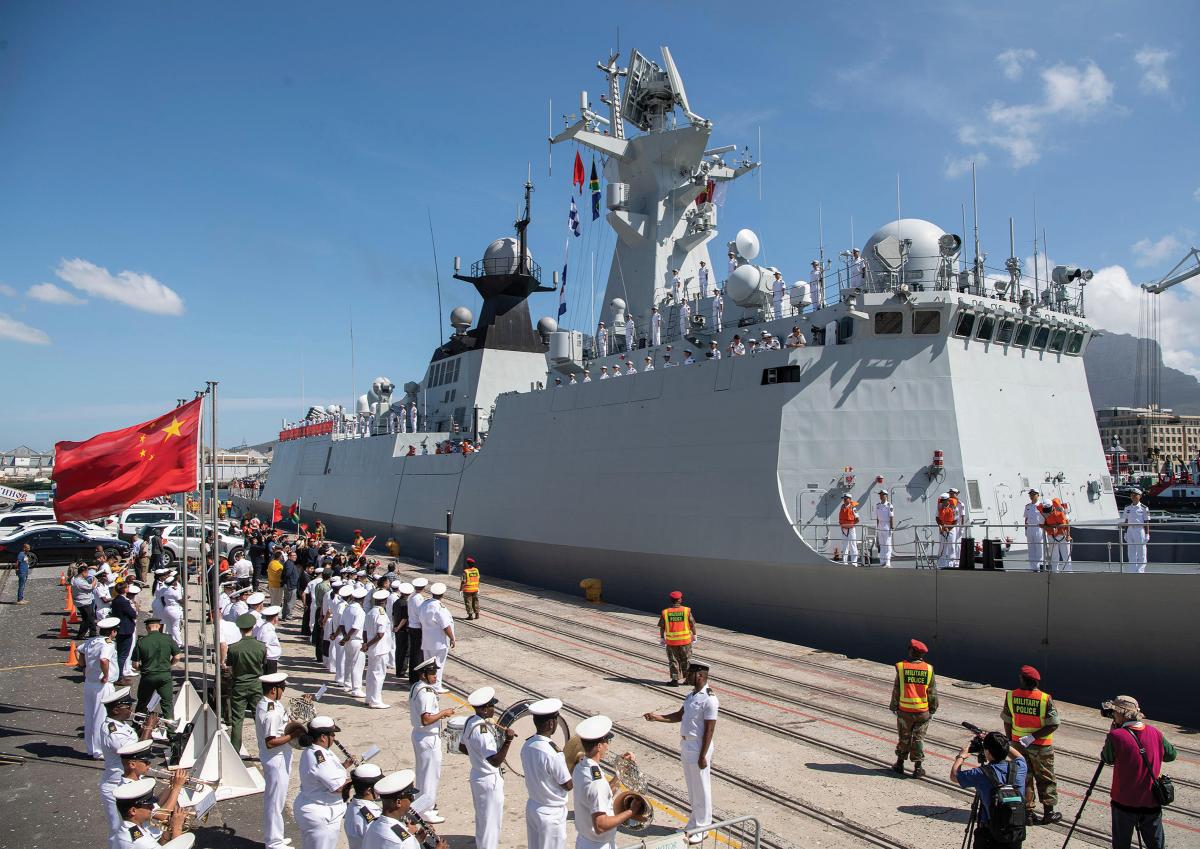 The Chinese frigate Weifang is welcomed in Cape Town, South Africa, prior to the 2019 Multinational Maritime Exercise with the Russian and South African navies.