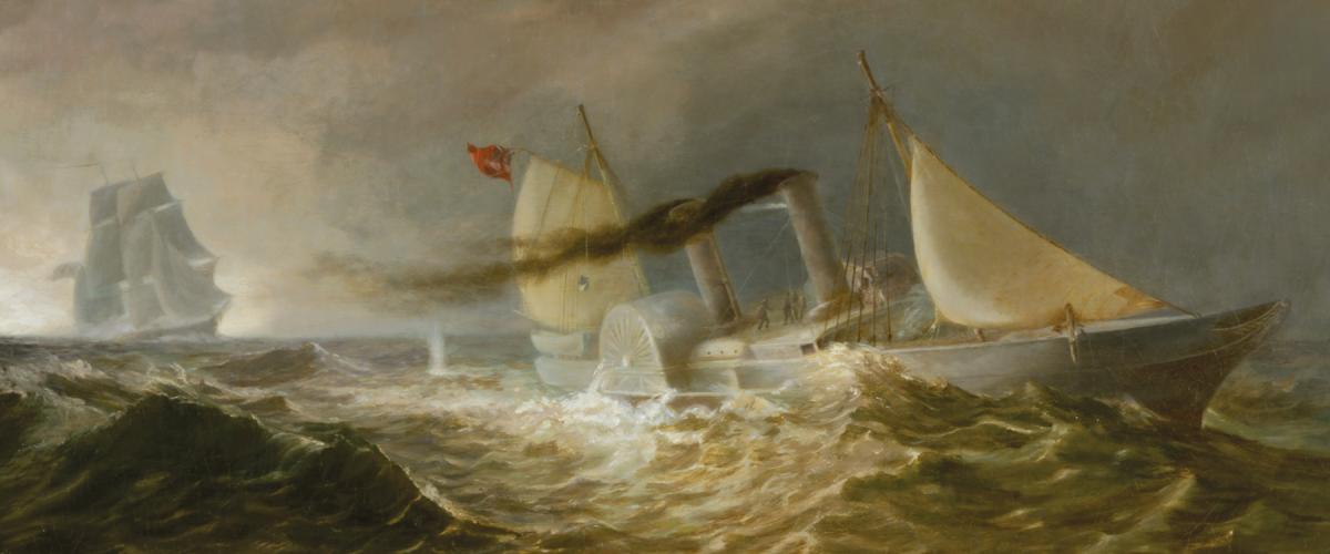 On a stormy sea, a blockade runner, likely the Scotia, is pursued by a Union warship. While the Scotia would be captured off the South Carolina coast, steam-powered blockade runners had an estimated 80 percent chance of slipping past blockaders and into or out of Confederate ports.