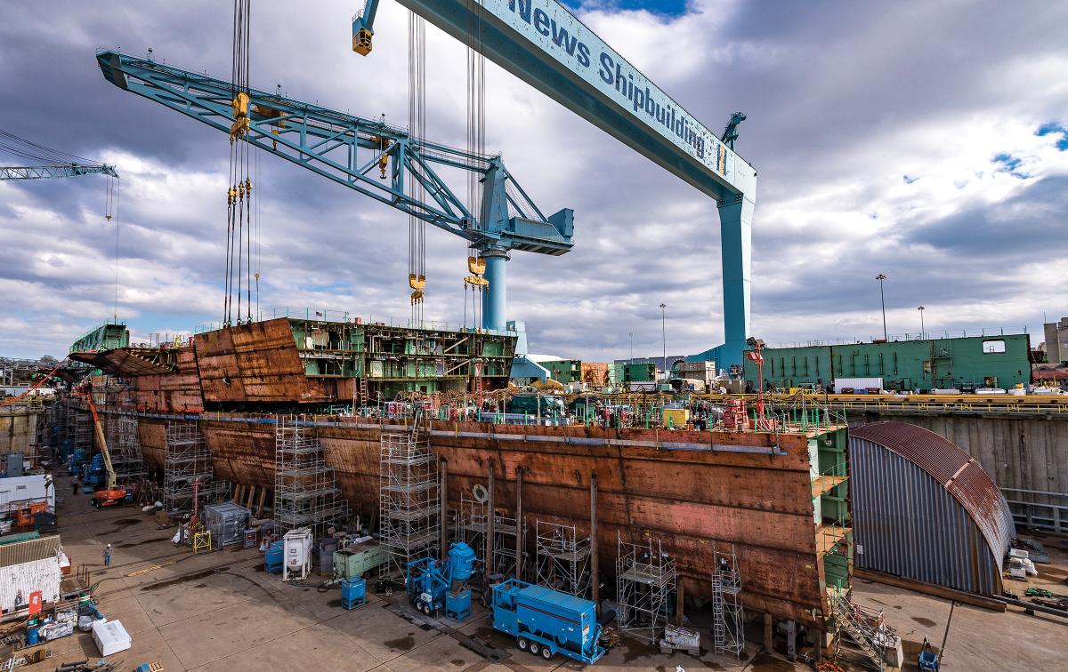 The USS John F. Kennedy (CVN-79), which launched in December 2019, while under construction at the Newport News Shipyard. The U.S. Navy must build ships now so it is ready for future battles.