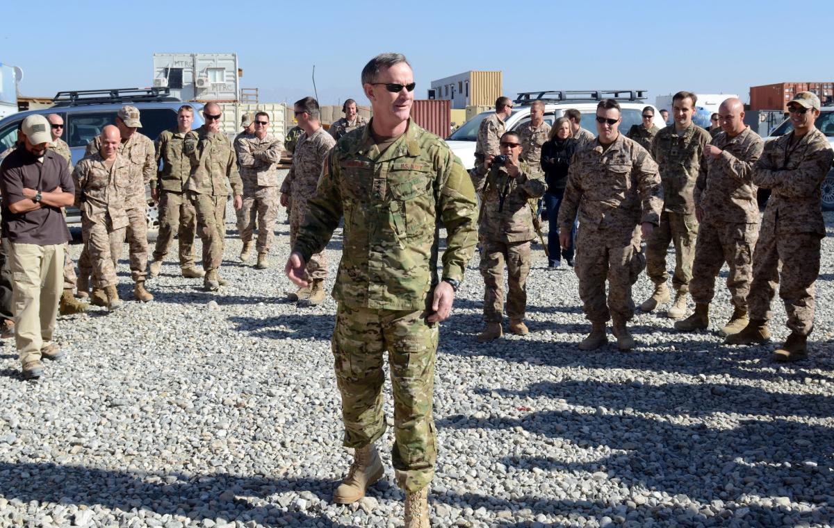 Admiral McRaven, as commander of U.S. Special Operations Command, speaks to members of Special Operations Task Force–Southeast in Camp McCloskey, Logar province,      Afghanistan on Thanksgiving day, 2013.
