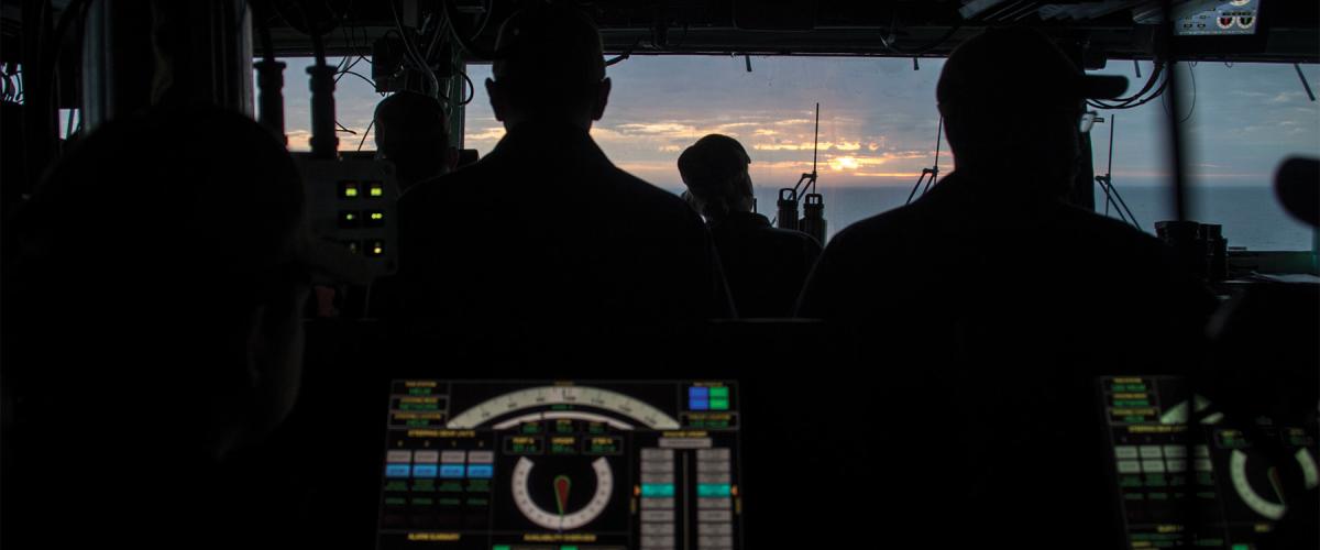 A view from the bridge on board the Wasp-class amphibious assault ship USS Iwo Jima (LHD-7).