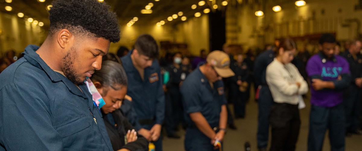 Sailors on the USS Gerald R. Ford (CVN-78) attend an event during Suicide Prevention month in September 2022. One strategy for suicide prevention is encouraging service members’ pursuit of purpose and meaning through supportive leadership and unit cohesion.  