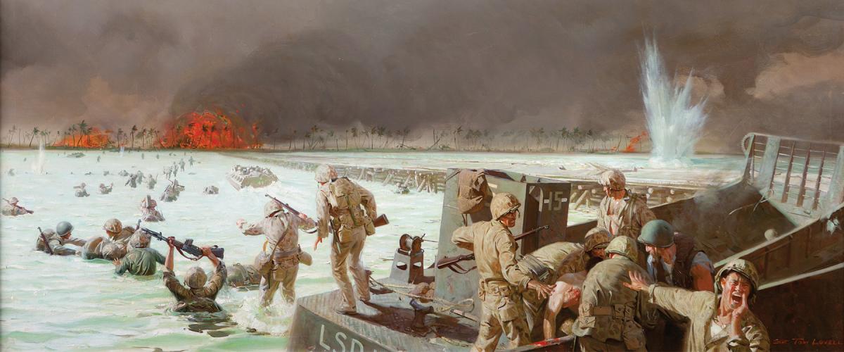Forced to wade ashore by a tide too low for the landing craft, Marines take to the water to storm the beach at Tarawa’s Betio Island. Half of them will not survive the deadly, exposed crossing to make it to land.