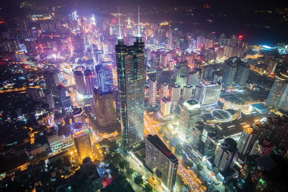 Aerial view of the city of Shenzhen in Guangdong, China at night