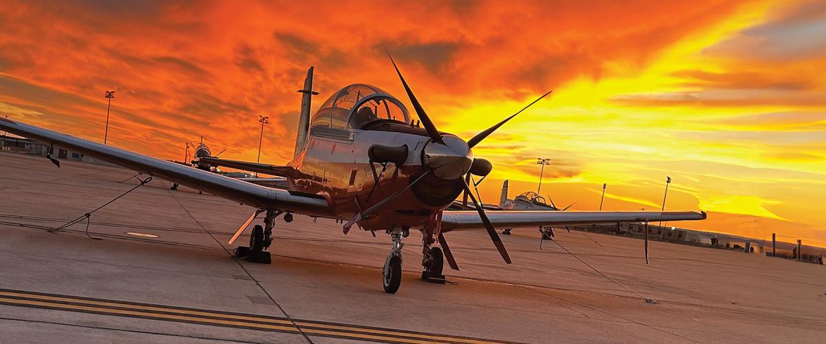 A Training Squadron 10 T-6 Texan II aircraft at Naval Air Station Joint Reserve Base Fort Worth. Successful completion of the Powered Flight Program allows student aviators to bypass instruction in Cessna 172s and begin their primary phase training in the T-6.
