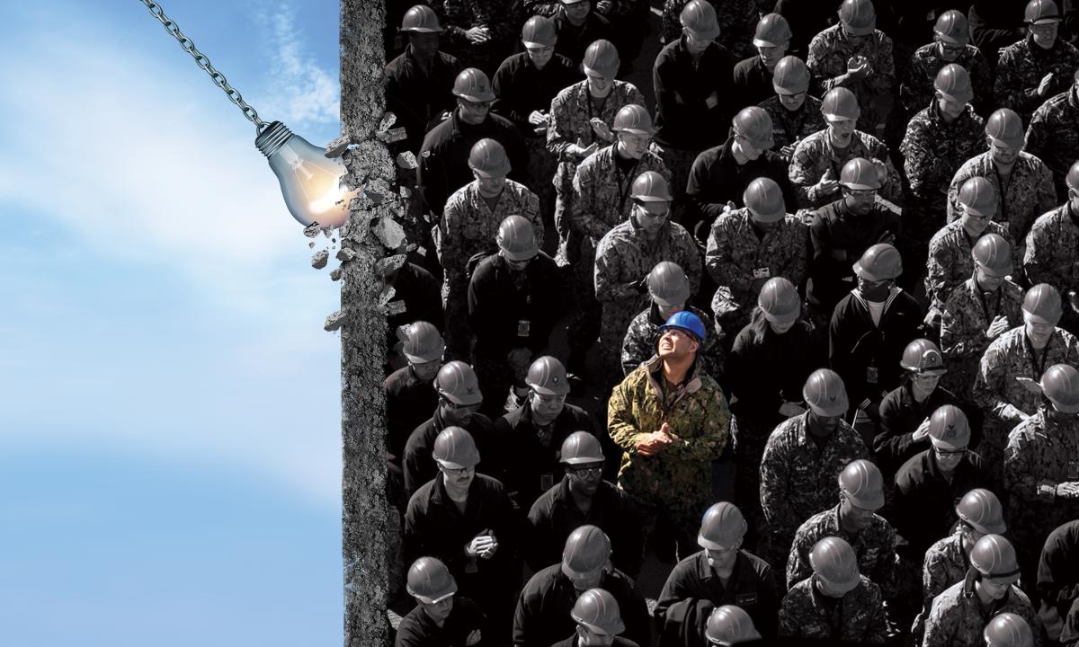 Concept art of a lightbulb wrecking ball hitting a wall of the same ideas