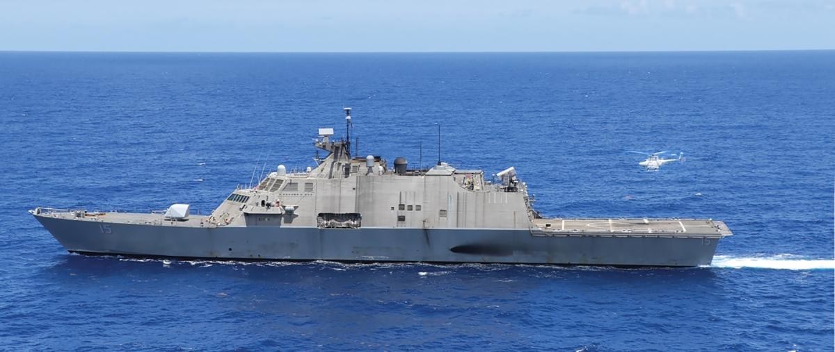 An MQ-8B Fire Scout takes off from the USS Billings (LCS-15)