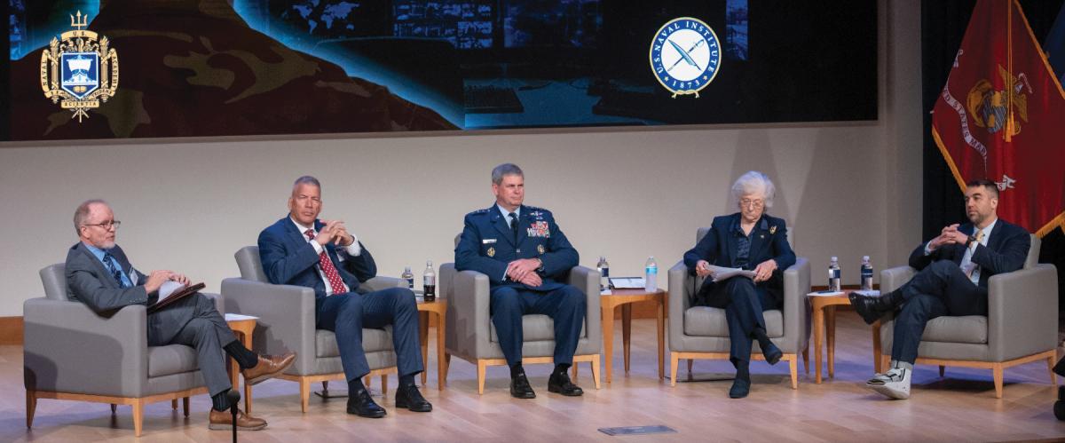 “What is the winning formula for future warfighters?” In a lively discussion, an all-star panel including (l. to r.) Dr. Mark Hagerott, Major General William F. Mullen III, Lieutenant General Michael Plehn, Vice Admiral Ann Rondeau, and Paul Scharre addressed that crucial question.