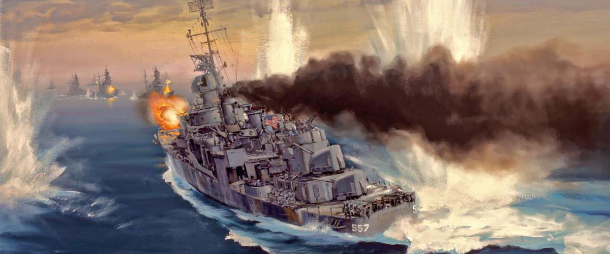 Evans’ “fighting ship,” the USS Johnston, weaves through incoming fire as she takes on Japanese battleships and cruisers at the October 1944 Battle off Samar.