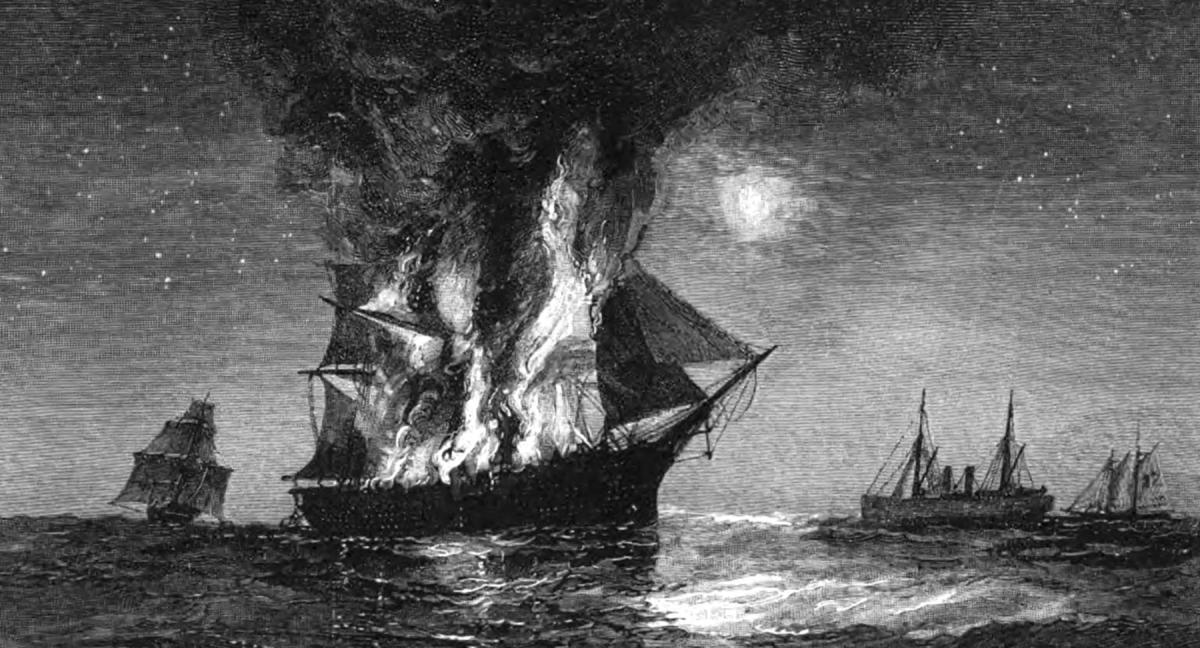 12 August 1864: The packet ship Adriatic, having fallen victim to the notorious Confederate raider Tallahassee (immediate right), lights up the sky before sinking to her grave. Divers now have located the shipwreck.