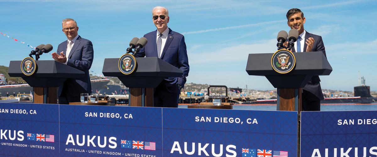 President Joe Biden, U.K. Prime Minister Rishi Sunak (right), and Australian Prime Minister Anthony Albanese deliver remarks on AUKUS in March 2023. The accord’s true value is its show of political will and the interoperability and resilience it will build in the Indo-Pacific.