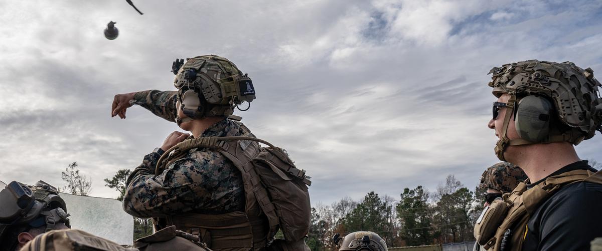 A Marine throws Stinger 32-caliber rubber ball grenade during a nonlethal weapons course. To counter adversary activities within the gray zone, special operations forces need the full range of countermeasures, including capabilities in the intermediate level of force.