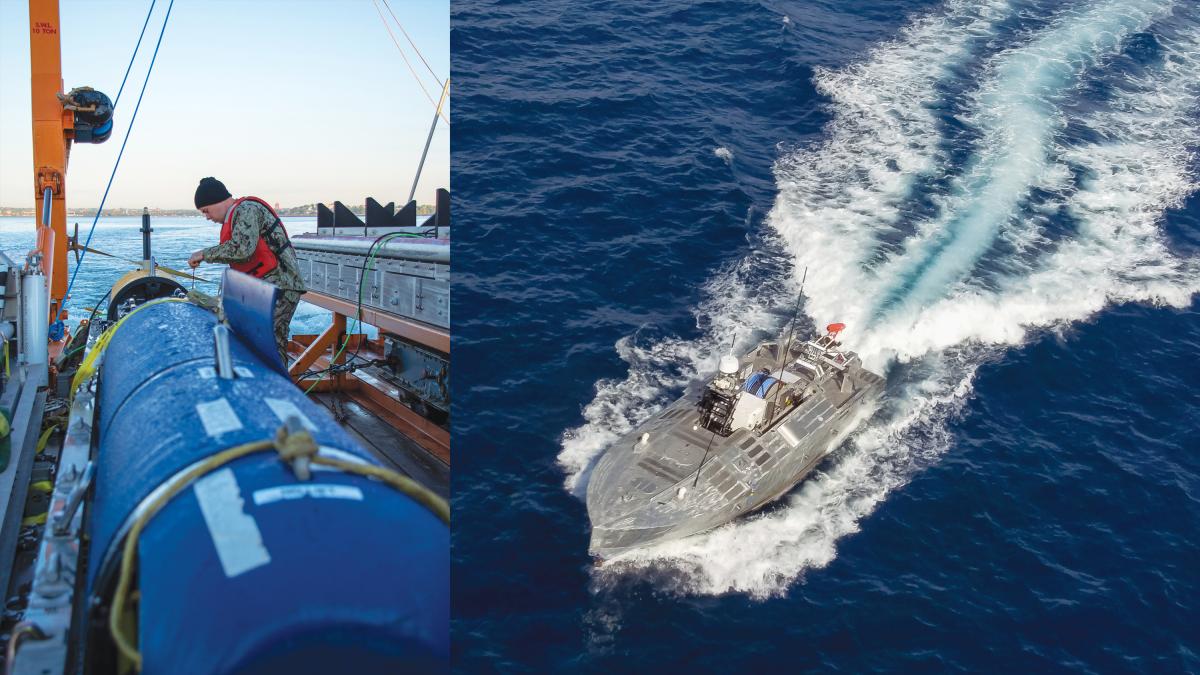 Composite of a sailor working on a Kinfefish UUV and a Unmanned Influence Sweep System USV underway