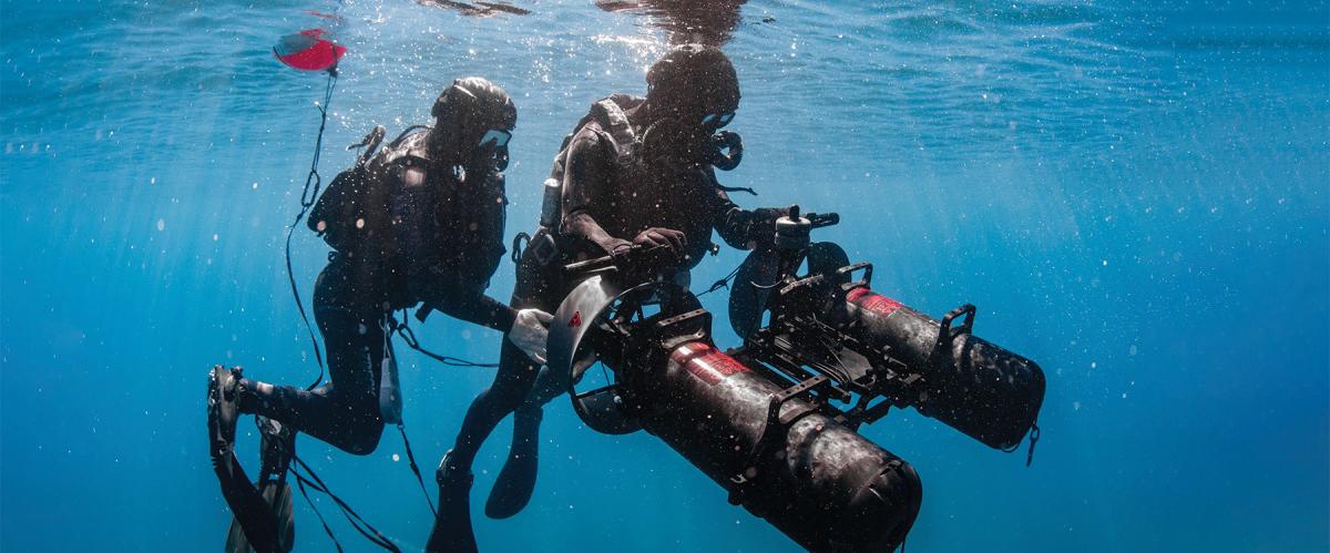 Responsible for training and equipping U.S. special operations forces (SOF), U.S. Special Operations Command has the expertise to help the joint force develop a strategy to counter adversary SOF in a future conflict. Here, Naval Special Warfare personnel operate a diver propulsion device. 