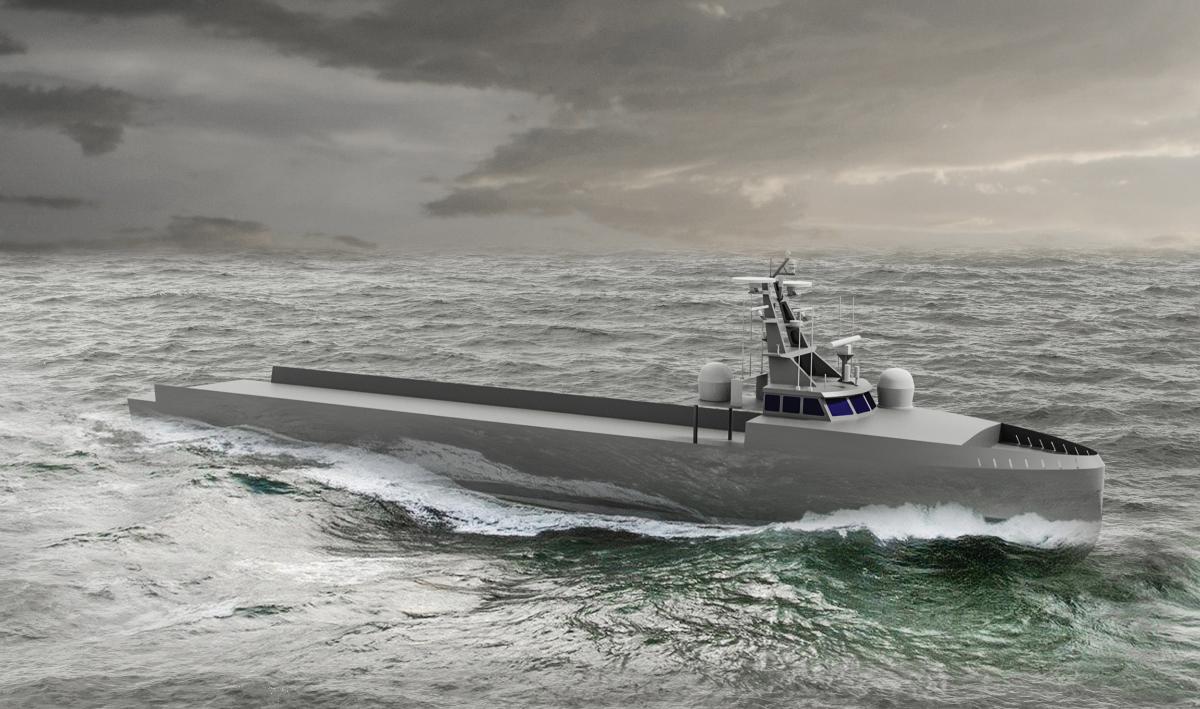 An artist’s conception of the Maritime Systems design for the medium-displacement unmanned surface vehicle, based on a commercial design by Incat Crowther.