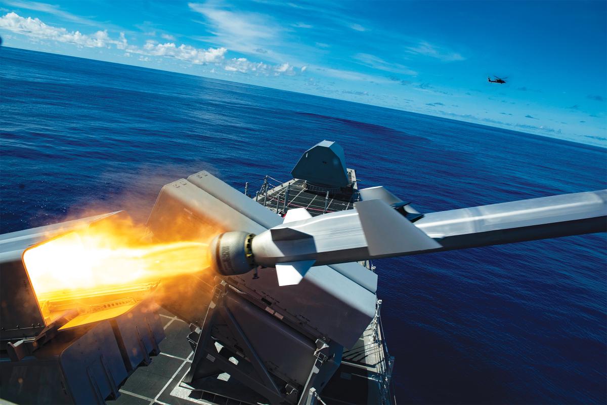 A Naval Strike Missile launch at sea