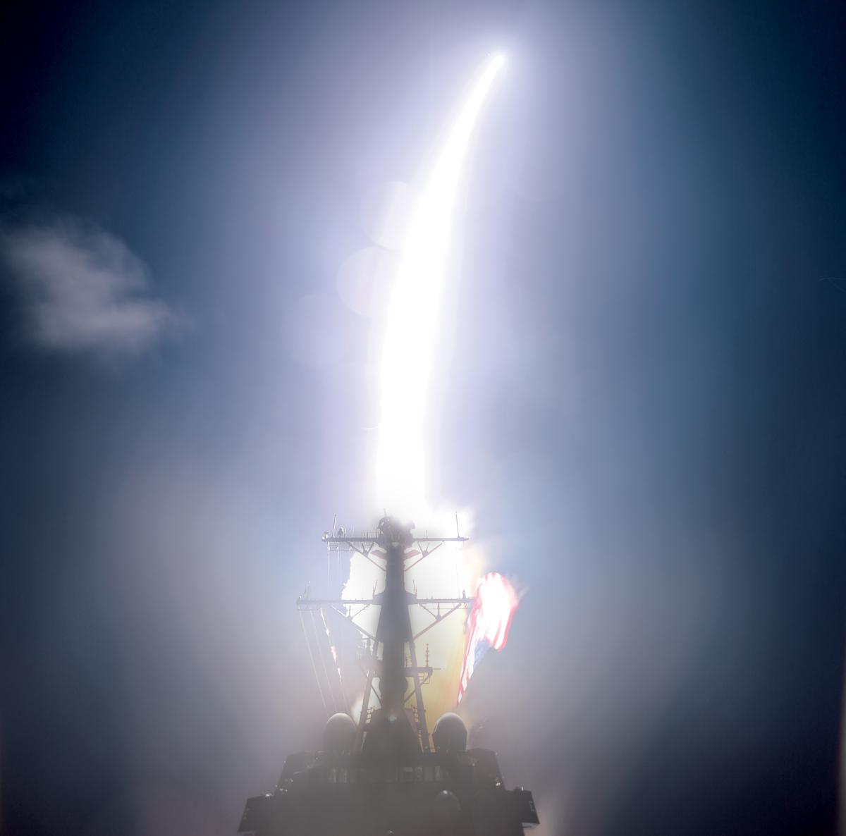 The guided-missile destroyer USS John Finn (DDG-113) launches an SM-3 Block IIA Standard Missile during a ballistic-missile defense test in November 2020.