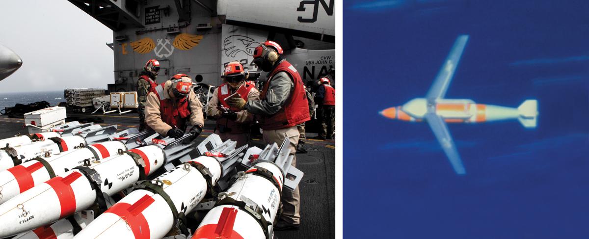 Aviation ordnancemen on the USS John C. Stennis (CVN-74) inspect Mk 62 Quickstrike mines. On the right, a Quickstrike–ER (extended range) mine deploys its wings as it drops from an Air Force B-52H bomber.
