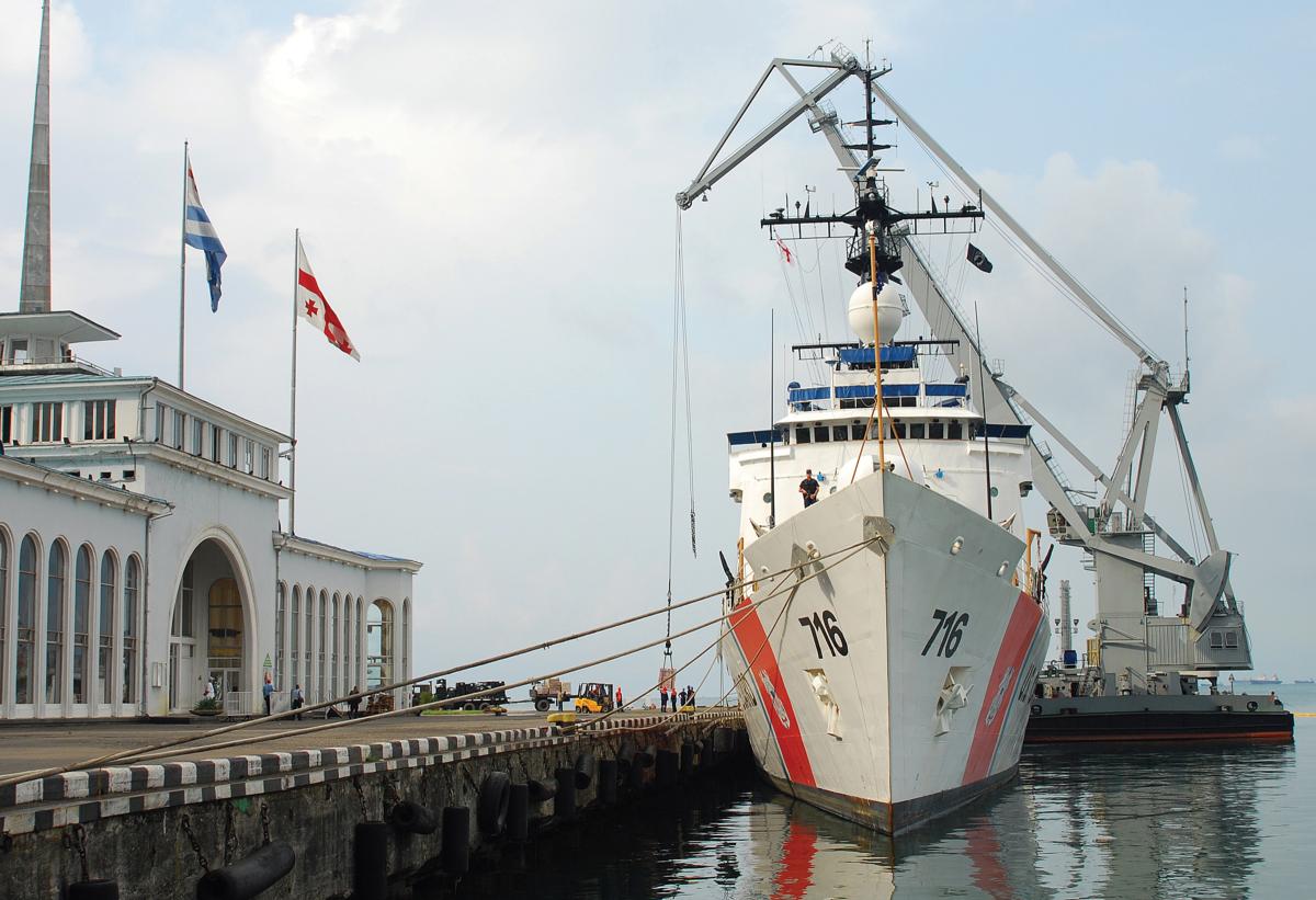 The Coast Guard Cutter Dallas (WHEC-716) offloads humanitarian relief supplies in Batumi, Republic of Georgia, in 2008.