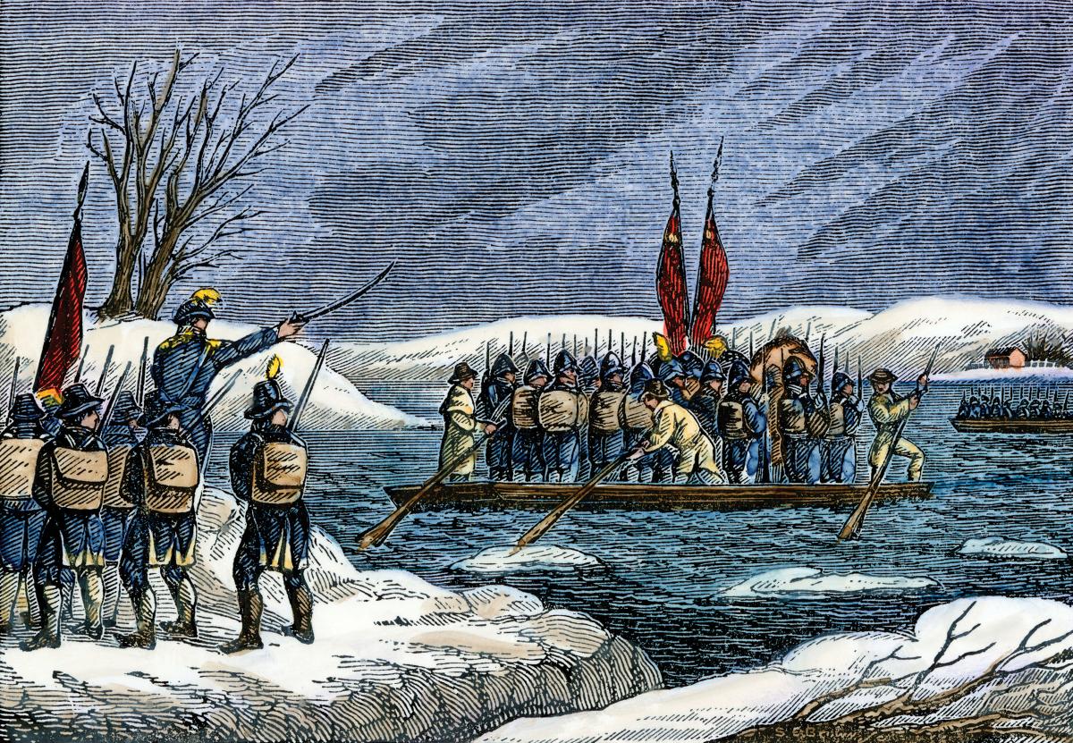 Soldier-mariners ferry Washington's troops across the Delaware River.