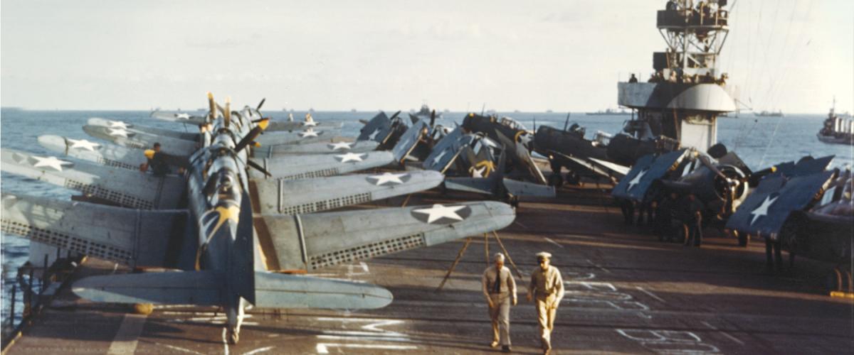 Douglas SBD-3 Dauntless scout bombers and Grumman F4F-4 Wildcat 