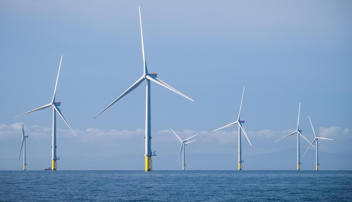 Wind turbines on the Walney Extension Offshore Wind Farm, off the coast of Cumbria, England, in the Irish Sea.