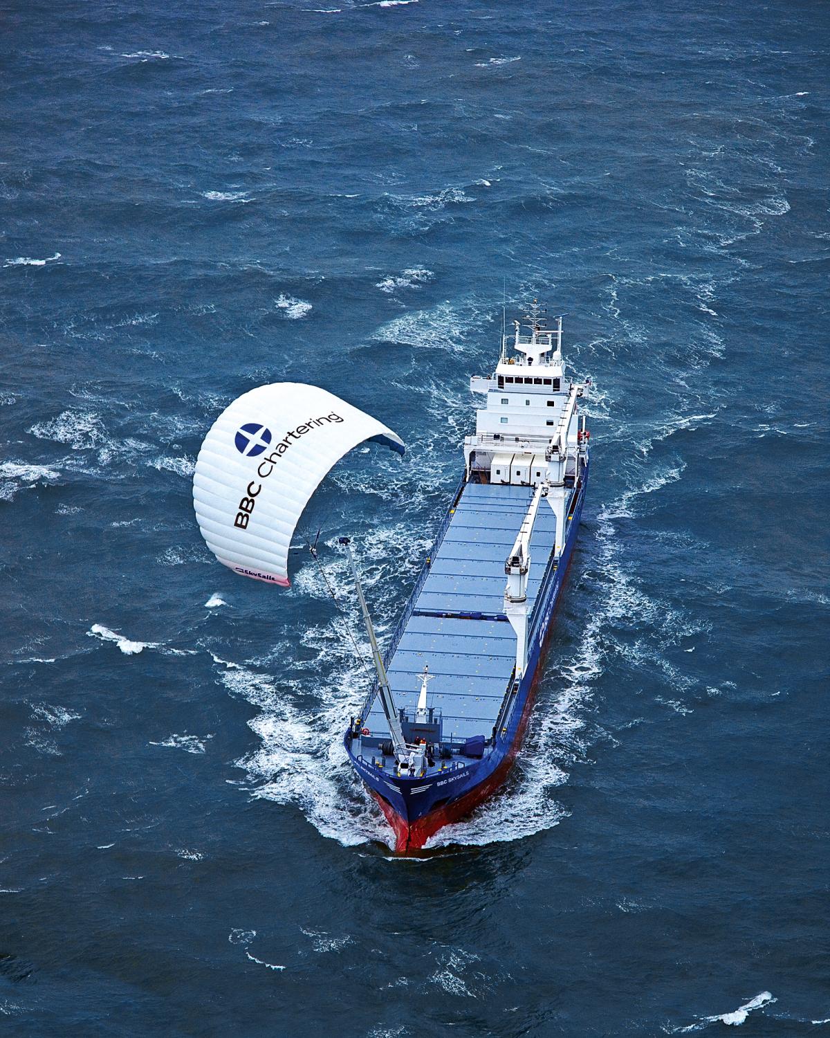 MS Beluga SkySails underway with a tethered kite sail-assist system