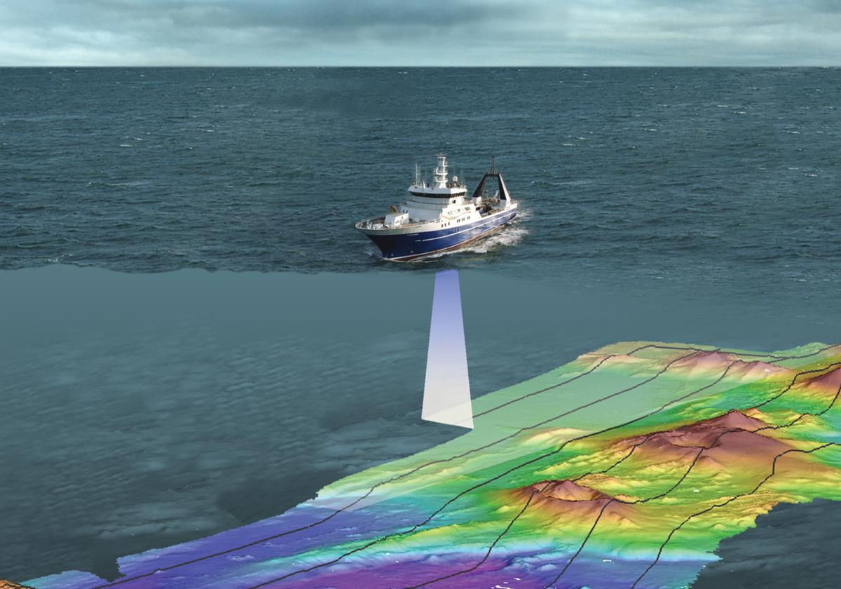 A hydrographic survey ship uses a multibeam sonar seafloor mapping system.