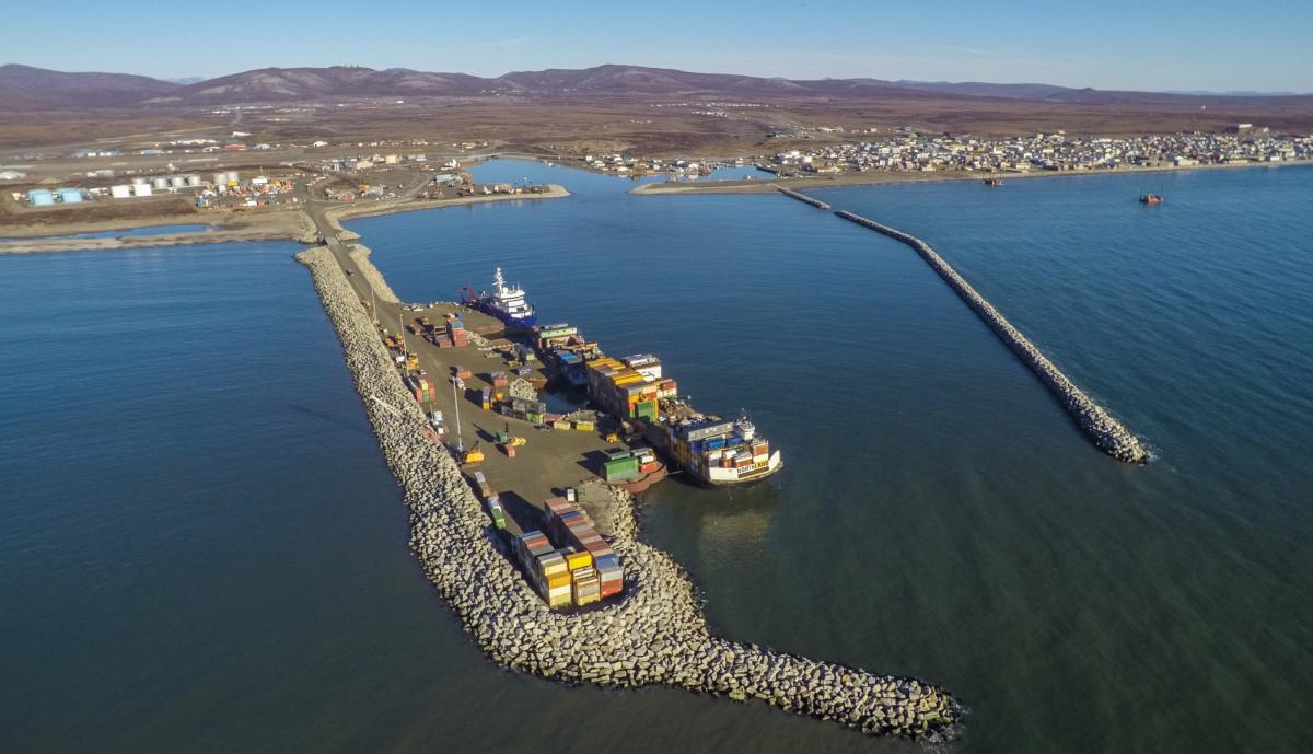 Aerial view of the harbor at Nome, Alaska