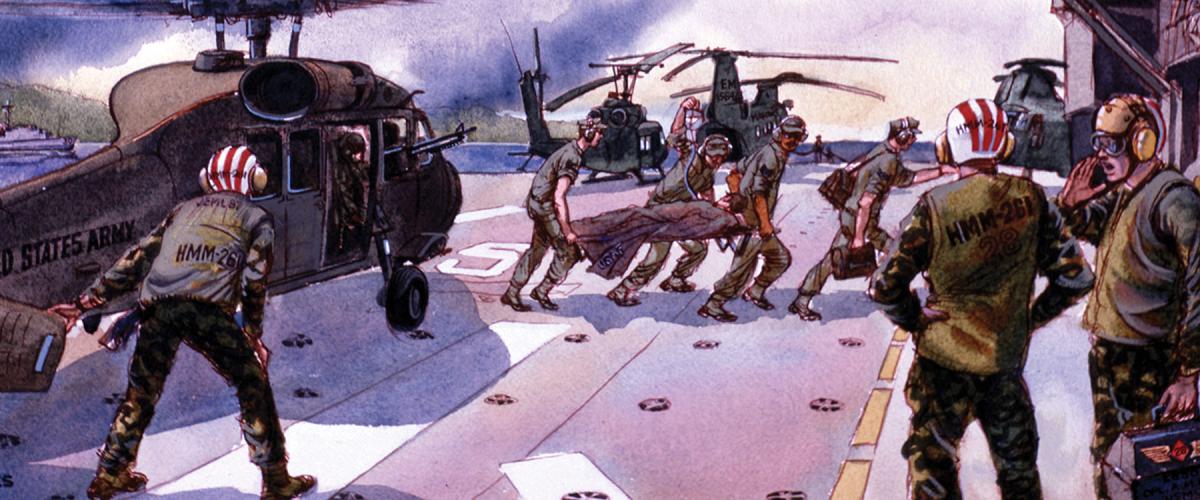 Combat artist Mike Leahy’s watercolor captures the hustle and bustle of interservice activity on the deck of the USS Guam in the thick of the October 1983 Grenada invasion. But beneath the surface, the hastily assembled operation bordered on the chaotic.