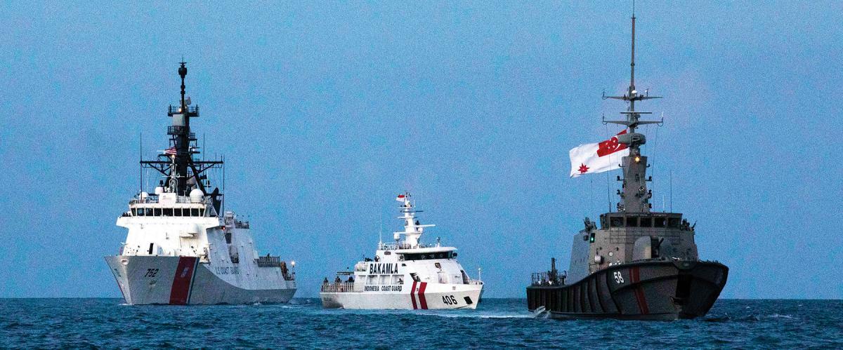 The USCGC Stratton (WMSL-752) with Indonesian Maritime Security Agency patrol boat Belut Laut-406 and Republic of Singapore Navy MSRV Bastion in May 2023.