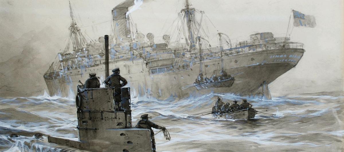 A German depiction of the U-boat attack on the merchant ship Linda Blanche during World War I. The Linda Blanche was sunk on 30 January 1915 by U-21, under the command of Lieutenant Otto Hersing.