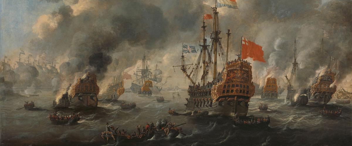 The burning of the British fleet at Chatham, 20 June 1667. The Dutch victory in the Raid on the Medway, led by de Ruyter, is considered one  of the “most brilliant strokes with the most immediate and obvious effects” in naval history. During the battle, the Dutch captured the Royal Charles (center) and forced many other ships to run aground to save themselves from destruction.