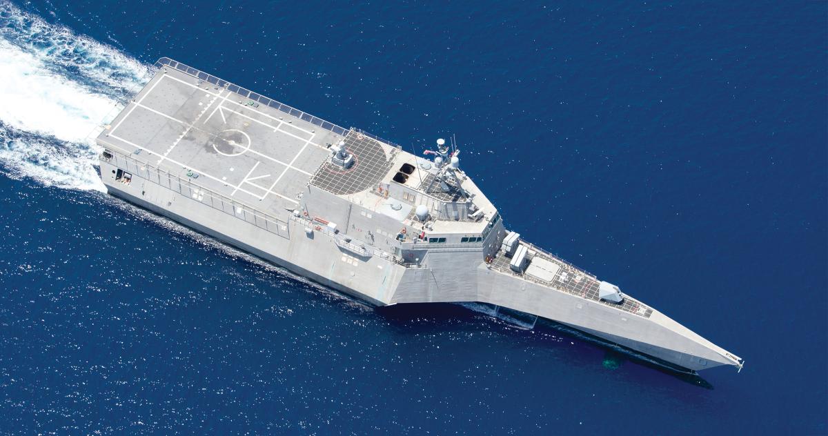 The Independence-variant littoral combat ship USS Gabrielle Giffords (LCS-10) conducts operations in the South China Sea in July 2020. Like the Freedom-variant LCS, the Independence-variant has unique engineering and shiphandling characteristics.