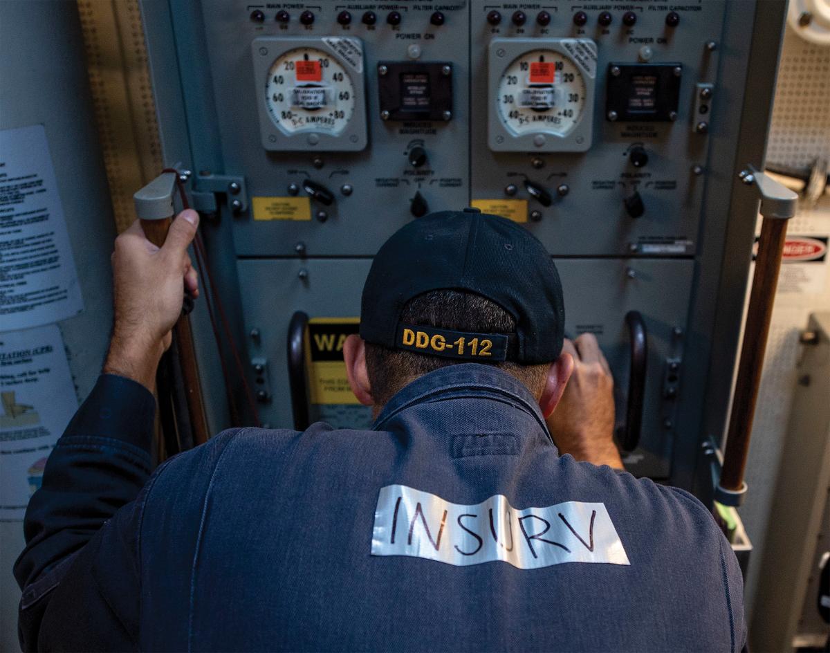 The degaussing switchboard in the central control station on board the Arleigh Burke–class guided-missile destroyer USS Michael Murphy (DDG-112) being inspected in 2019. The new Board of Inspection and Survey (InSurv) inspection takes two days and checks approximately 100 fewer pieces of equipment on an Arleigh Burke–class destroyer.