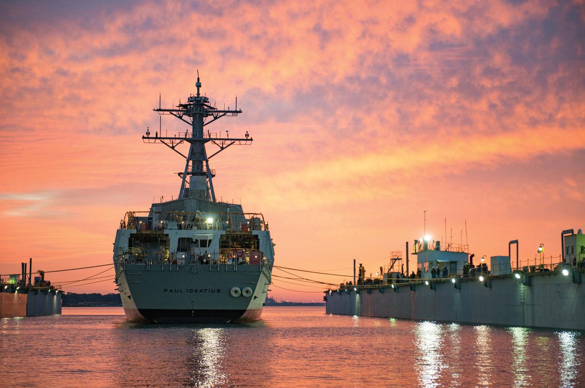 The guided-missile destroyer Precommissioning Unit Paul Ignatius (DDG-117) is launched at first light from Huntington Ingalls Industries Ingalls Shipbuilding in Pascagoula, Mississippi, in November 2016. Being part of a precommissioning unit crew entails unique challenges and experiences that are hard to prepare for.