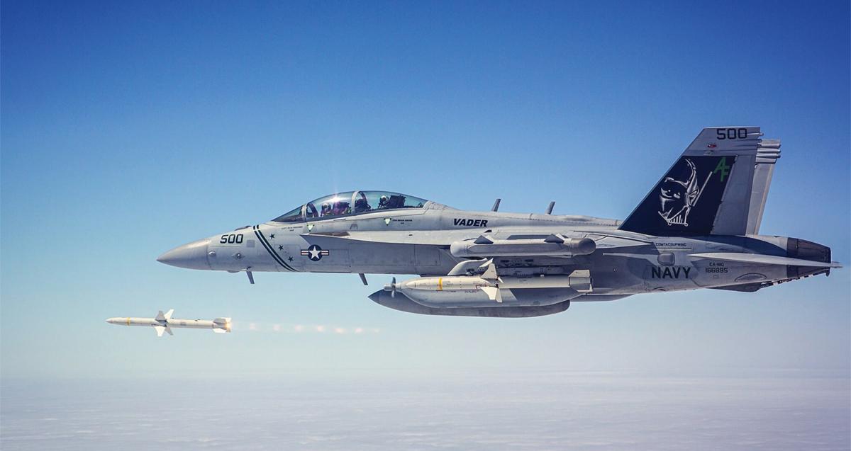 An EA-18G Growler from Electronic Attack Squadron 209 fires an advanced antiradiation guided missile–extended range. Naval aviation envisions live, virtual, constructive training will be at its full capability in 2035.