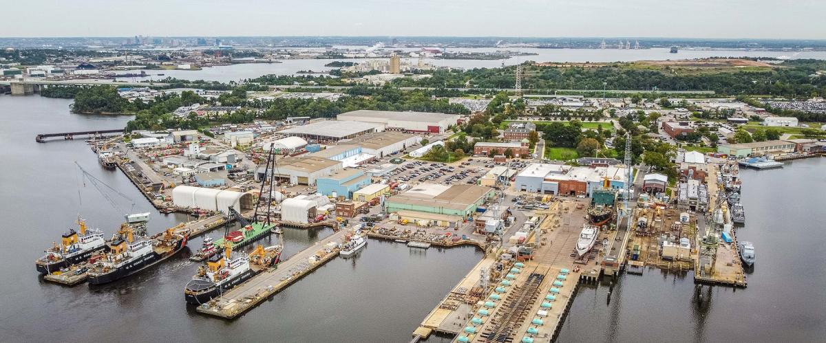 An aerial view of the Coast Guard’s sole shipyard, located in Baltimore, Maryland.  