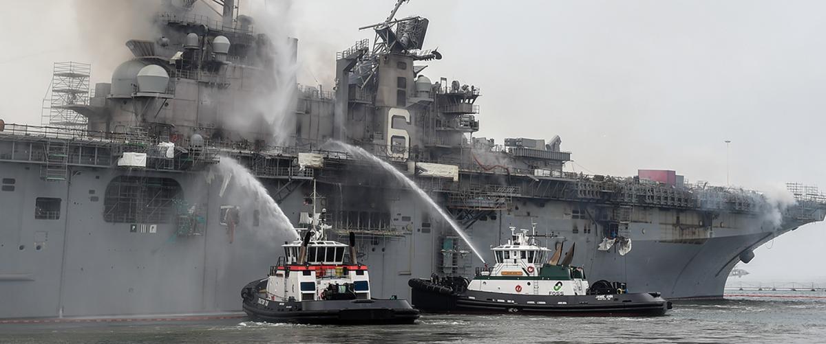 Federal firefighters and a helicopter from Helicopter Sea Combat Squadron 3 combat a fire on board the amphibious assault ship USS Bonhomme Richard (LHD-6) in San Diego in July 2020. Using the Swiss Cheese Risk Model without refinement could instill a dangerous false confidence and risk tolerance by failing to draw sufficient attention to the weakness of casualty-prevention systems.