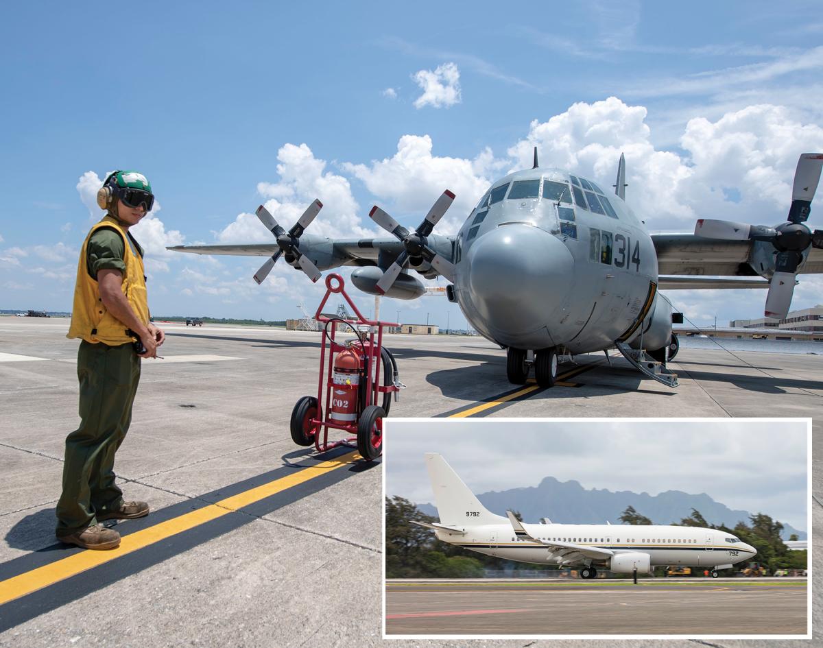 Above: An aviation machinist mate prepares to perform maintenance on a C-130T Hercules cargo aircraft in Jacksonville, Florida. The C-130T has proven to be a maintenance-intensive and inefficient aircraft. Much of its mission can be absorbed by the Navy C-40 Clipper jet aircraft, shown below landing at Marine Corps Air Station Kaneohe Bay, Hawaii.