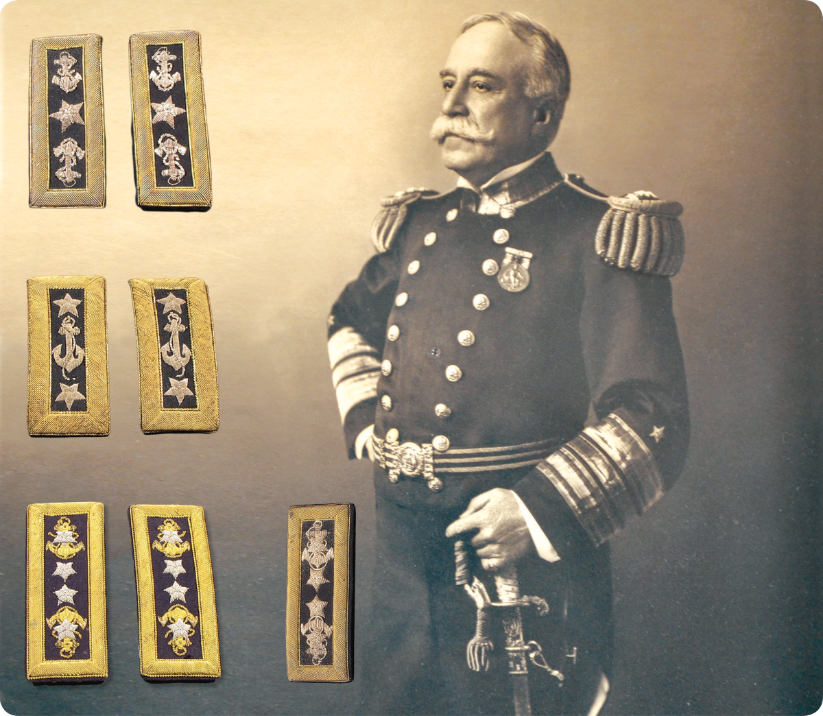 Composite image of Admiral George Dewey and his insignia