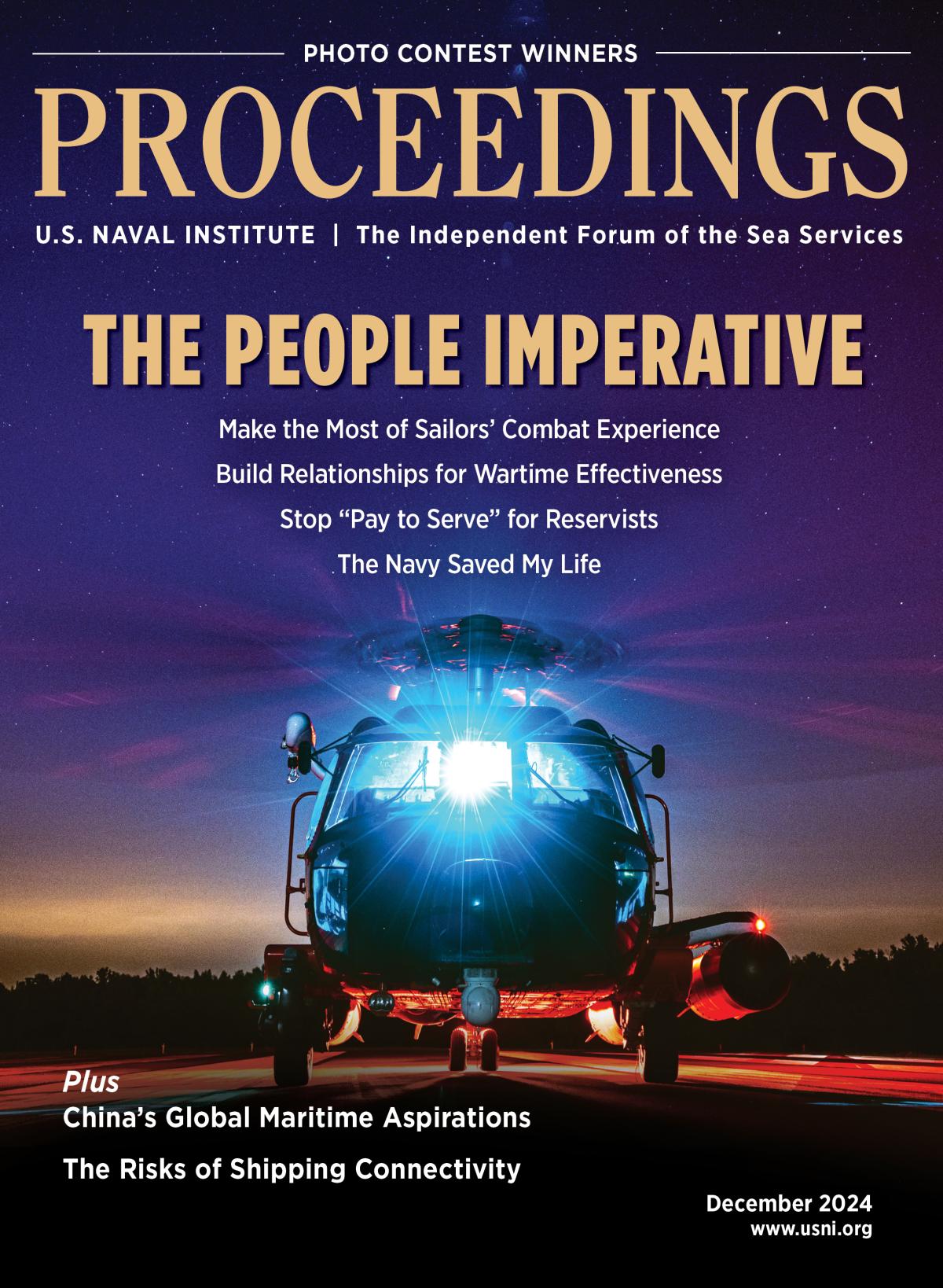 Dec 2024 Proceedings Cover featuring a helicopter illuminated in front of a purple sunset. 