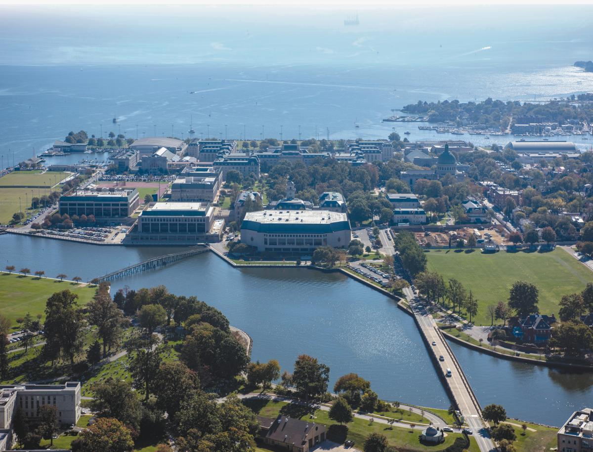 Aerial view of the U.S. Naval Academy looking southeast towards the Chesapeake Bay