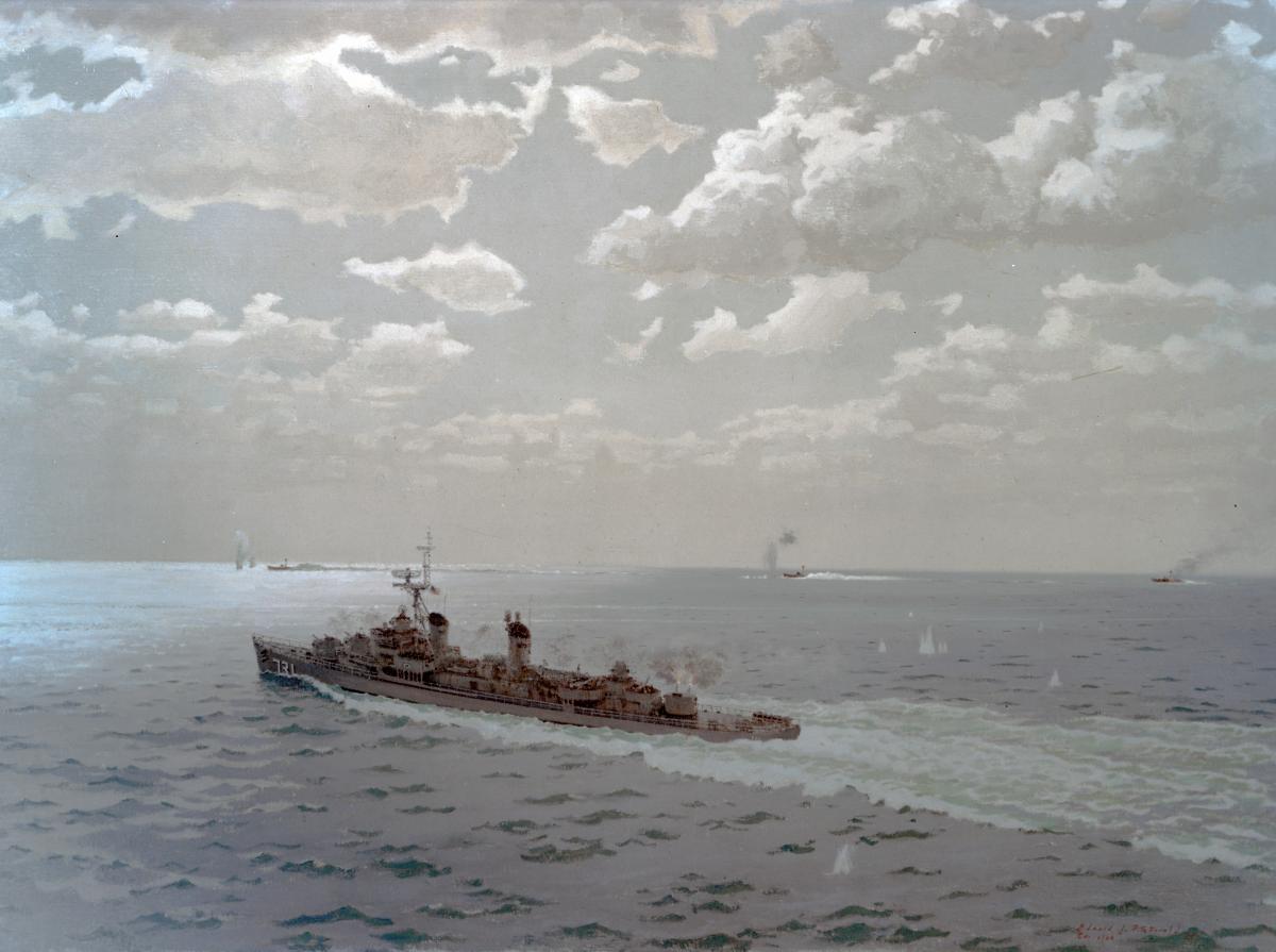  Oil painting by Cmdr. E.J. Fitzgerald depicts the engagement between Maddox and three North Vietnamese motor torpedo boats on 2 August 1964